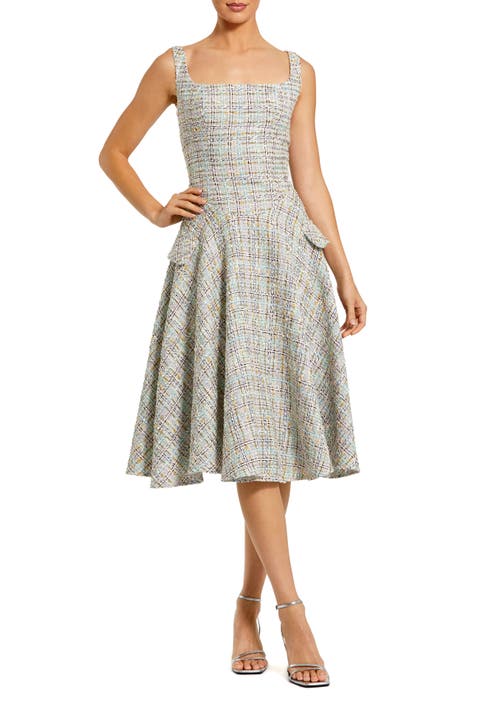 Sleeveless Drop Waist Boucle Midi Dress