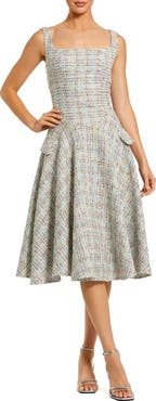 Mac Duggal Sleeveless Drop Waist Boucle Midi Dress