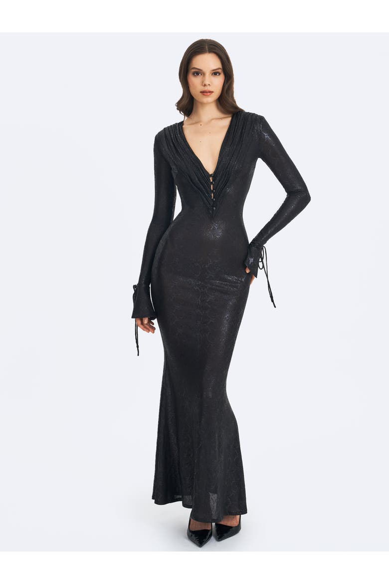 Ilysia V-Neck Plunge Snakeskin Mermaid Hem Maxi Dress, Alternate, color, Black