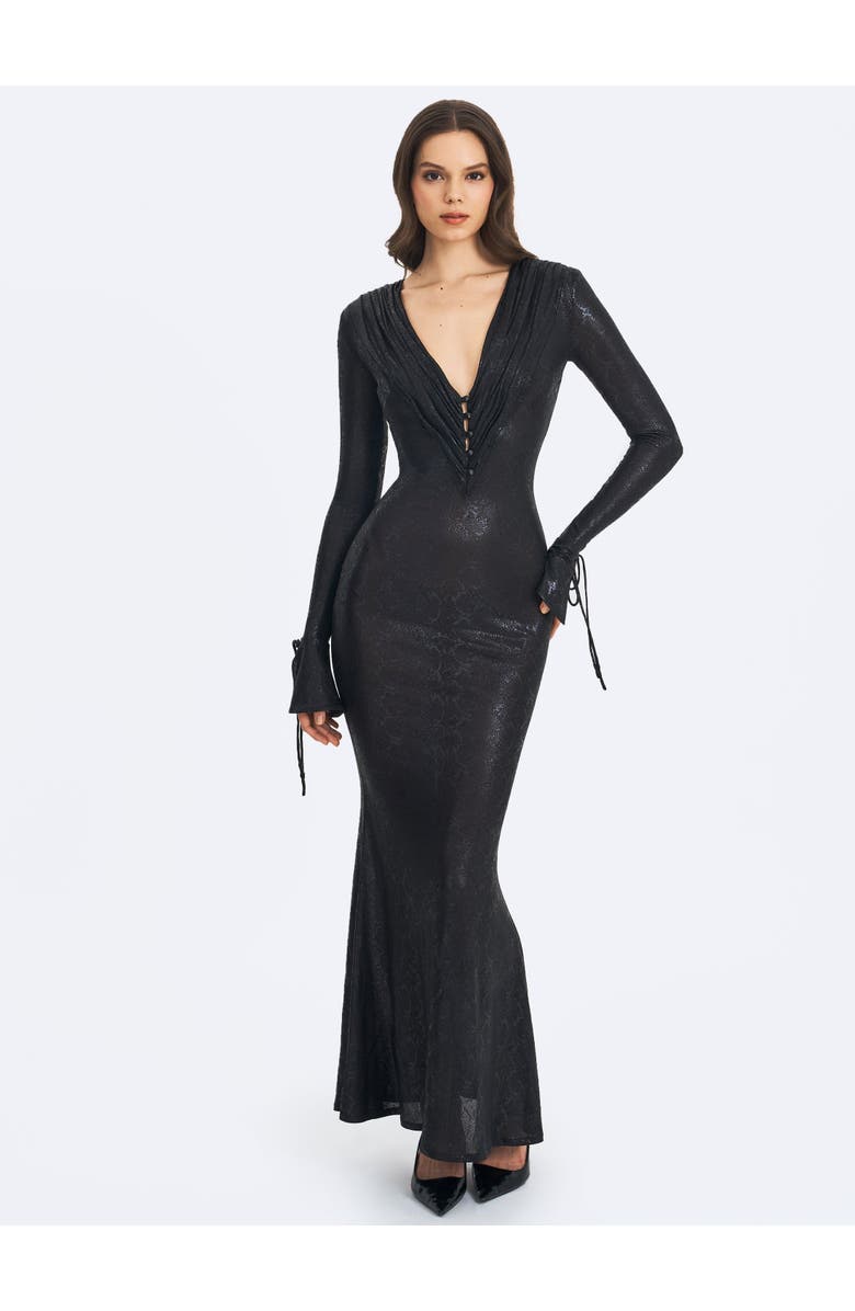 Miss Circle Ilysia V-Neck Plunge Snakeskin Mermaid Hem Maxi Dress, Alternate, color, Black