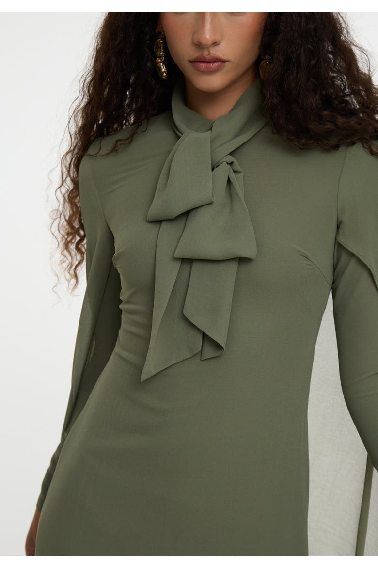 Modest Chiffon Dress Maxi With Cape Style and Bow, Alternate, color, OLIVE