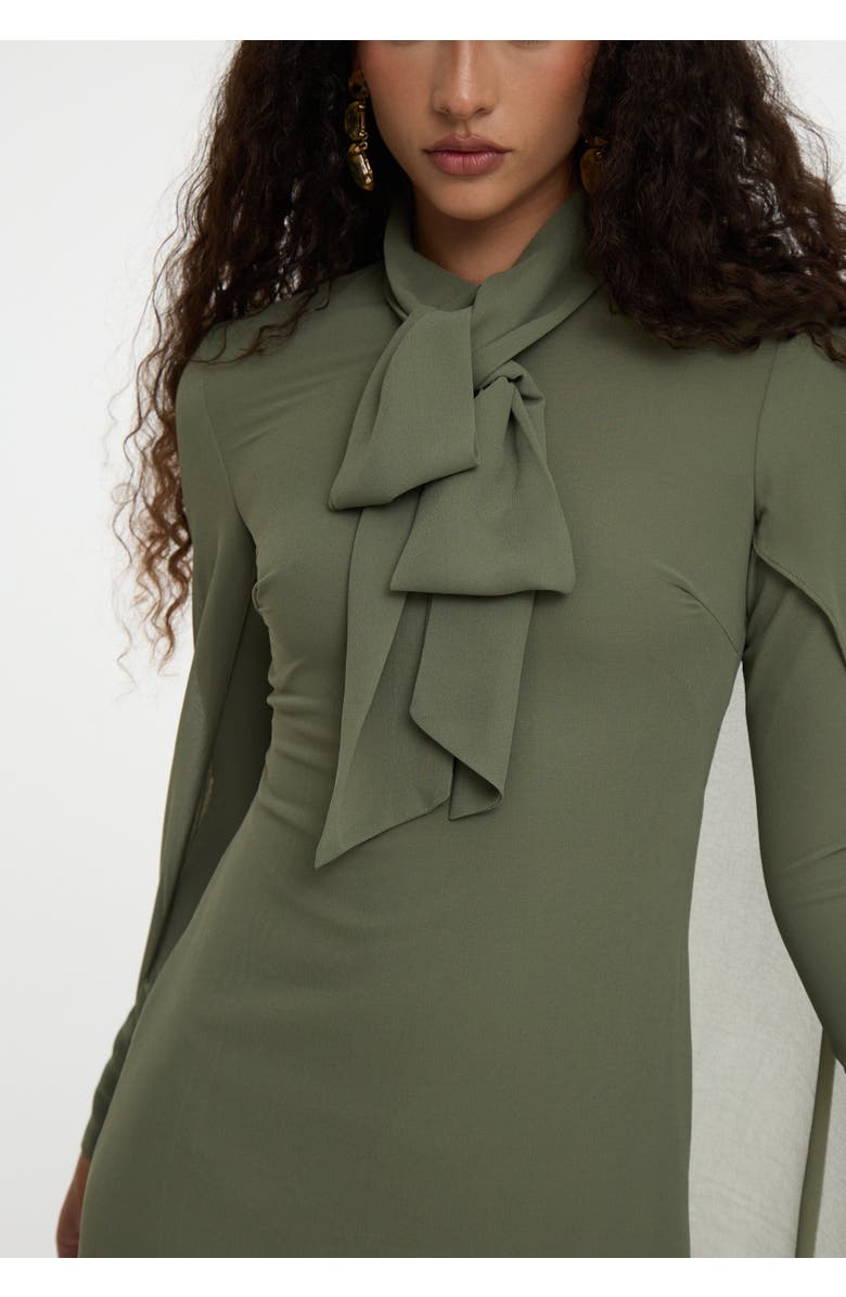 MARYISA Modest Chiffon Dress Maxi With Cape Style and Bow, Alternate, color, Olive