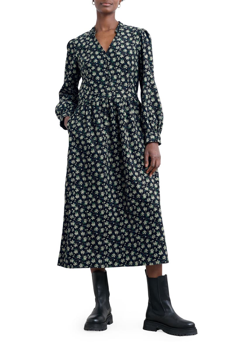 Rose Cottage Floral Long Sleeve Corduroy Midi Dress, Main, color, SMUDGE FLORAL ONYX