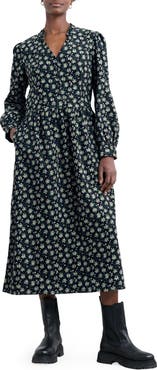 Seasalt Cornwall Rose Cottage Floral Long Sleeve Corduroy Midi Dress