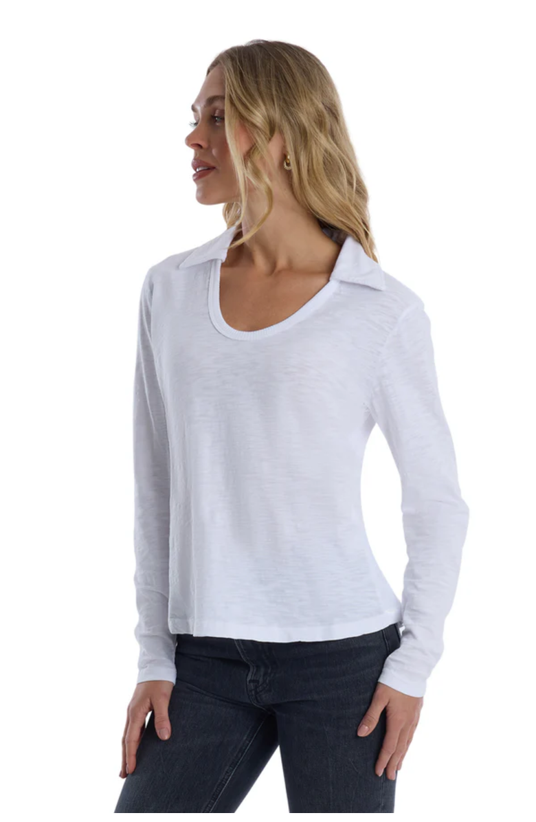 WILT Clothing Scoop Neck Long Sleeve Polo Tee with Round Hem, Alternate, color, White