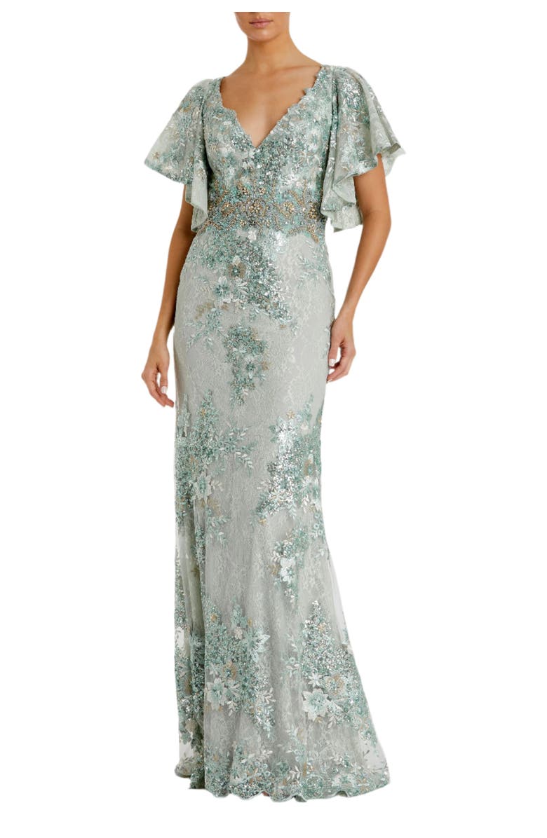 Mac Duggal Bell Sleeve Floral Embellished Gown, Main, color, Seafoam