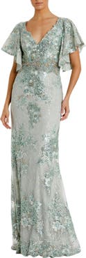 Mac Duggal Bell Sleeve Floral Embellished Gown