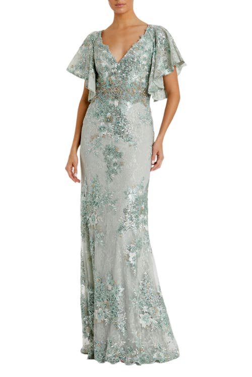 Mac Duggal Flutter Sleeve Embellished Lace Trumpet Gown In Seafoam