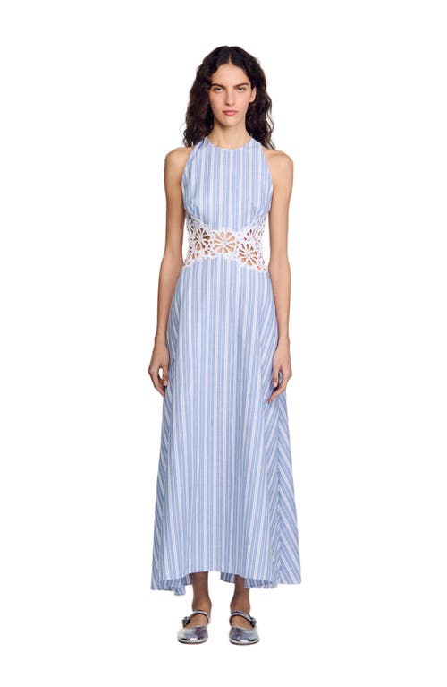 Sandro Womens Bleus Stripe-print Cut-out Lace Cotton And Linen-blend Midi Dress In Blue