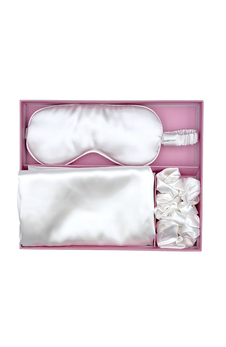 GLAMPTON Satin Pillowcase, Scrunchi & Mask Set, Alternate, color, White