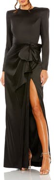 Mac Duggal Petite Long Sleeve Satin Structured Bow Draped Column Gown