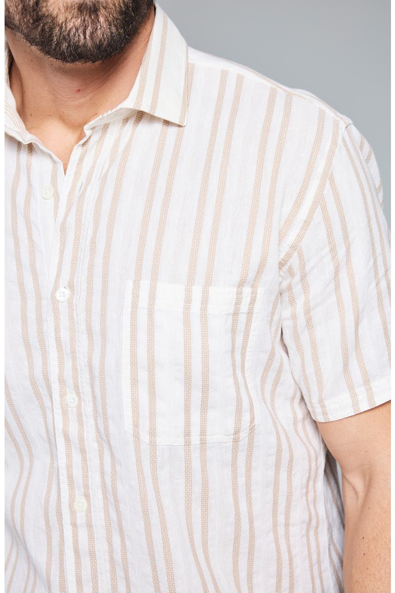 Dobby Stripe Short Sleeve Cotton & Linen Button-Up Shirt, Alternate, color, TINTED WHITE/ KHAKI