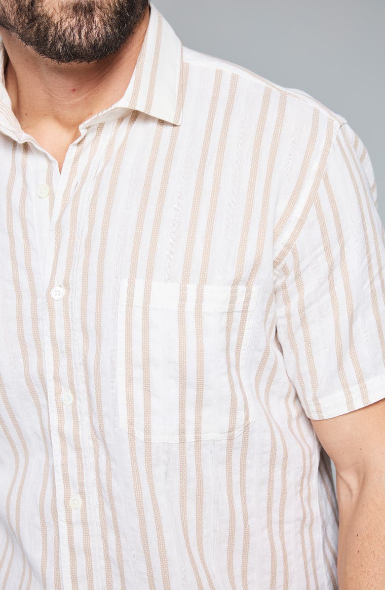 Billy Reid Dobby Stripe Short Sleeve Cotton & Linen Button-Up Shirt, Alternate, color, Tinted White/ Khaki