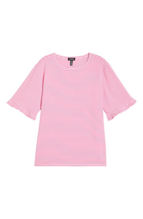 Stripe Frill Sleeve Stretch Cotton Top (Plus)