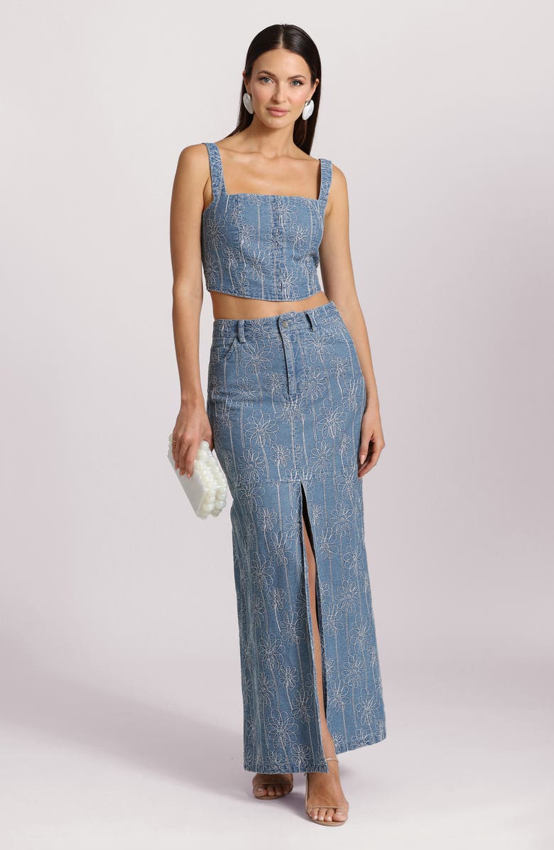 Avec Les Filles Floral Embroidered Slit Denim Maxi Skirt, Alternate, color, 