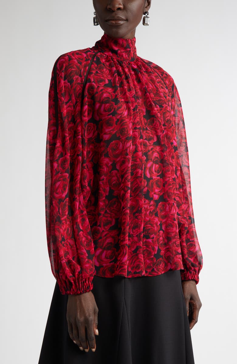 Carolina Herrera Floral Mock Neck Gathered Top, Alternate, color, Herrera Red Mul