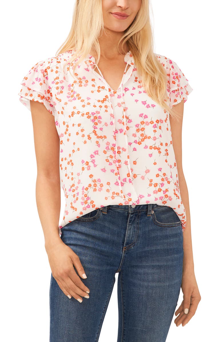CeCe Scattered Daisies Split Neck Top, Main, color, 