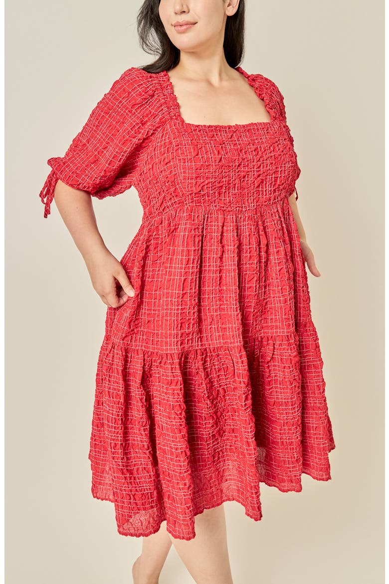 Crinkled Gingham Flounce Dress, Alternate, color, BURGUNDY