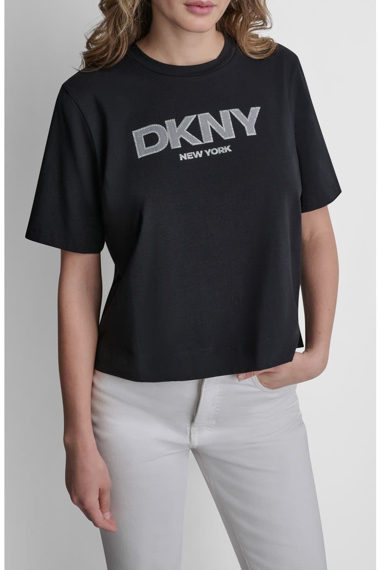 Rhinestone Border Logo Stretch Cotton Graphic T-Shirt, Main, color, BLACK