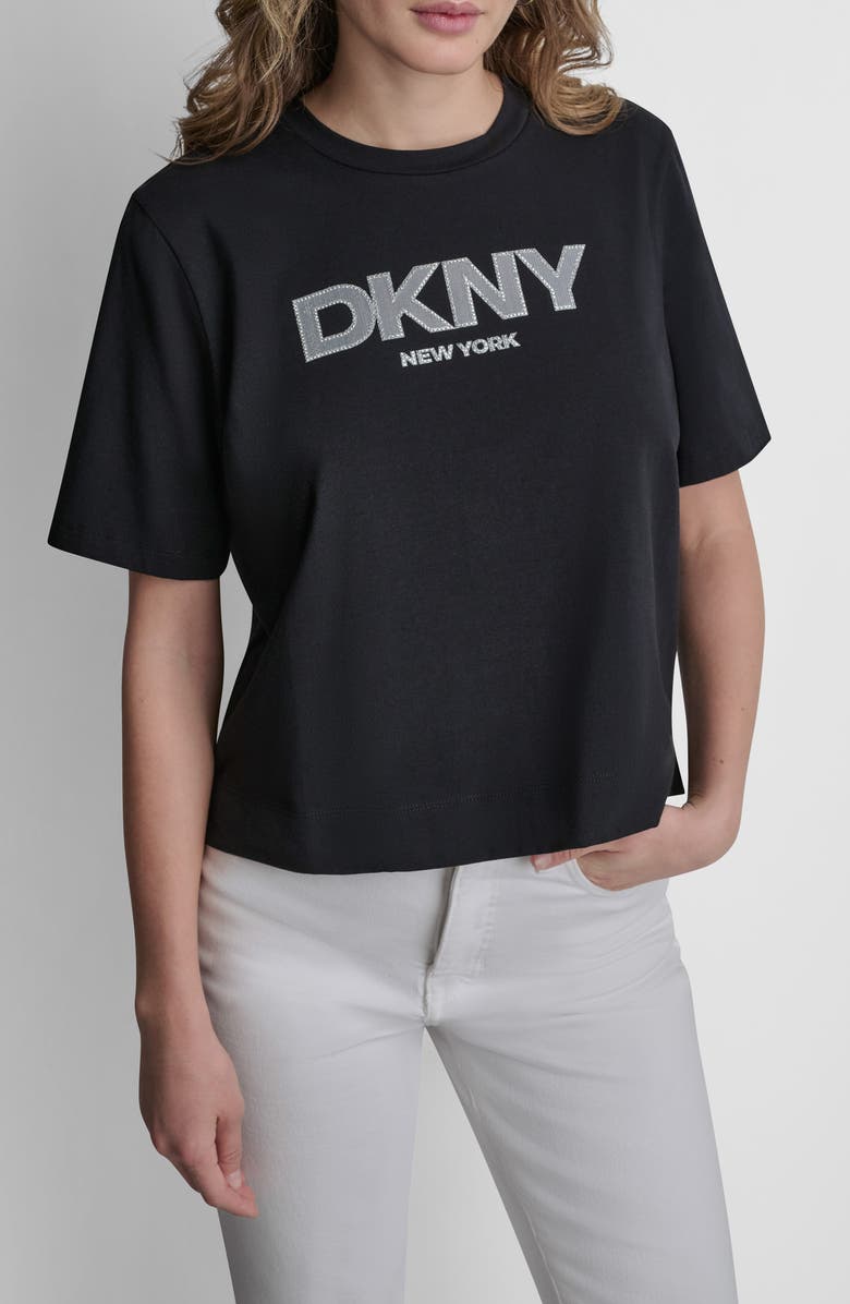 DKNY Rhinestone Border Logo Stretch Cotton Graphic T-Shirt, Main, color, 