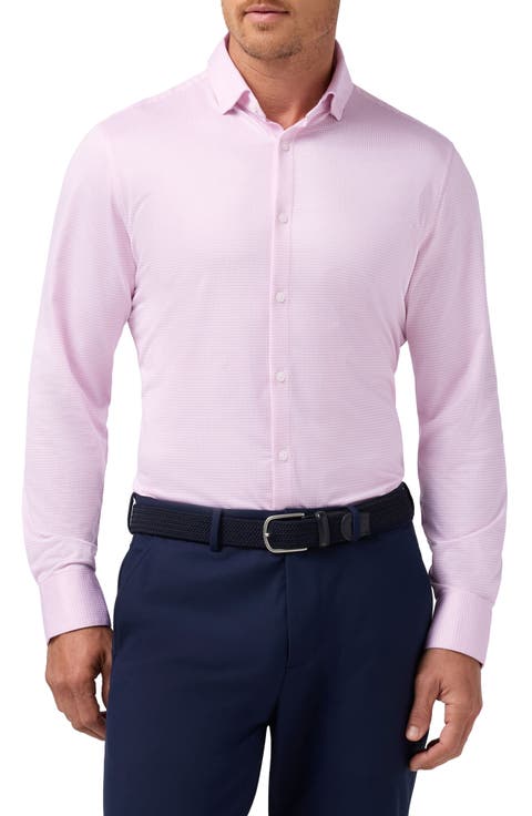 Haylard Trim Fit Pink Gingham Textured Knit Button-Up Shirt