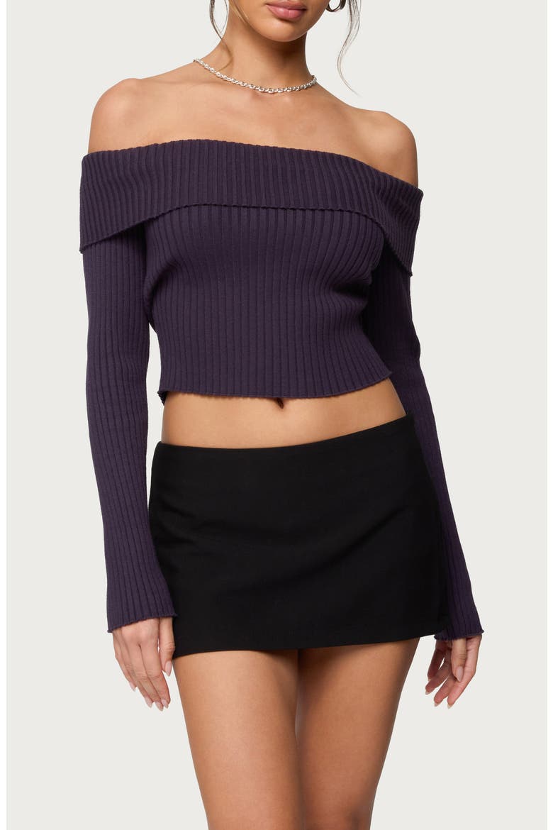 Lauren Foldover Off the Shoulder Rib Sweater, Main, color, PURPLE