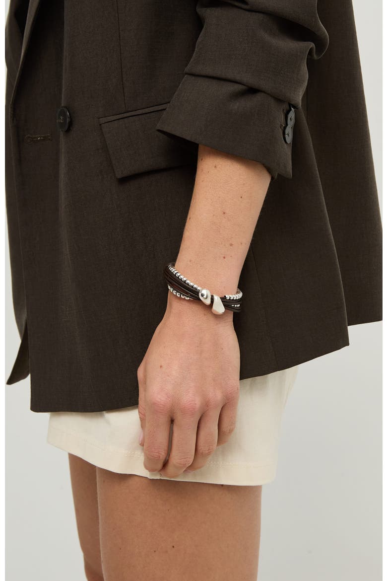 Leather Bracelet with Dual Silver-Tone Drops, Alternate, color, Silver