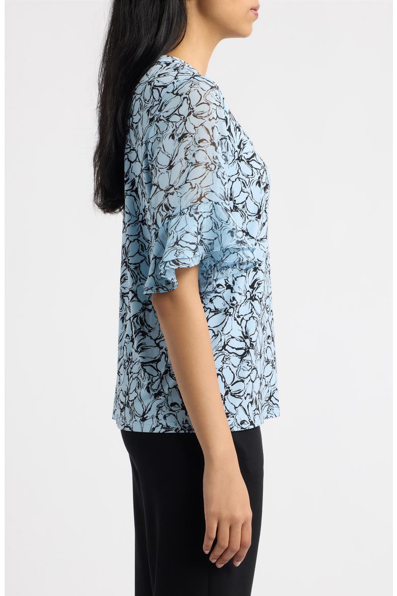 Ruffled Cuff Elbow Sleeve Split Neck Top, Alternate, color, OPAL BLUE/ ANNE BLACK