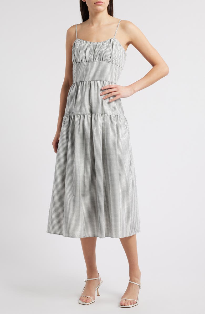 Charles Henry Check Tiered Midi Dress, Main, color, Ivory Black Seersucker