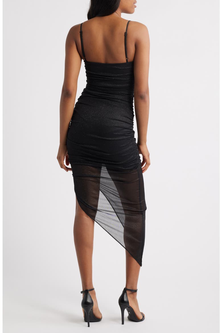 Glitter Asymmetric Hem Mesh Cocktail Dress, Alternate, color, BLACK