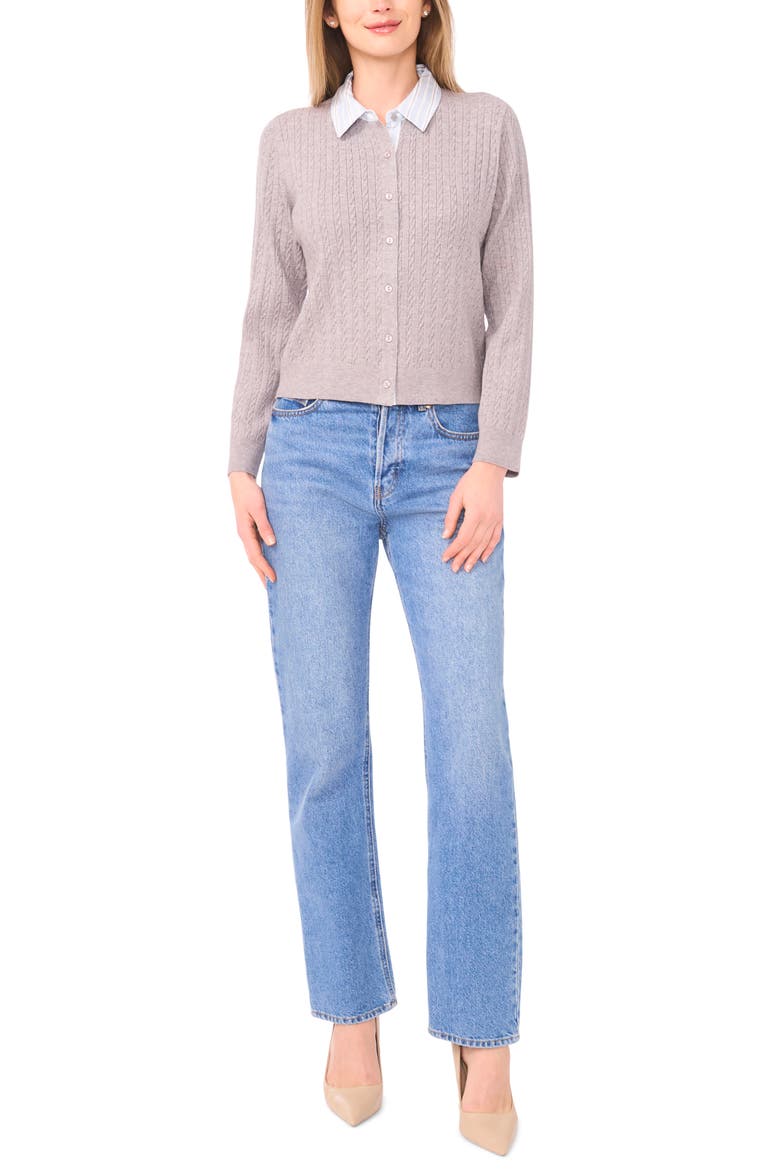 Stripe Collar Twofer Cardigan, Alternate, color, LIGHT HEATHER GREY