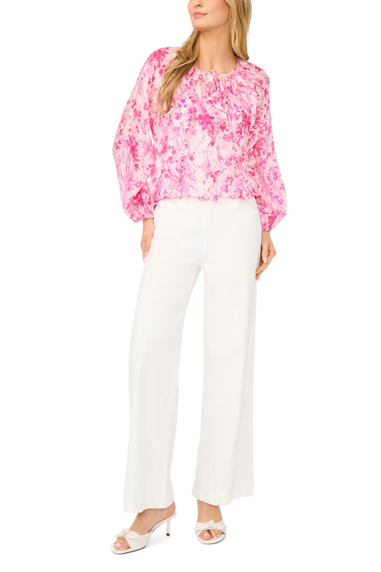 Tie Front Ruffle Long Sleeve Top, Alternate, color, NEW IVORY/ PINK FLORAL