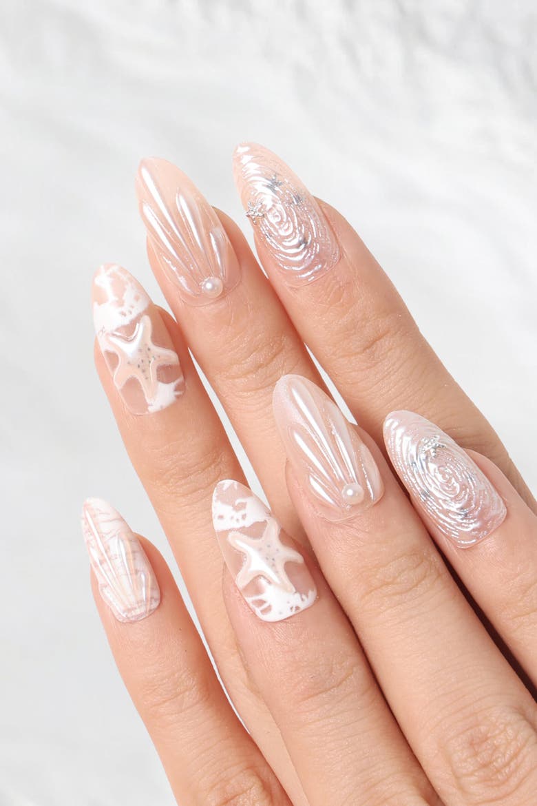 Pearly Girl Almond Press on Nails, Alternate, color, White