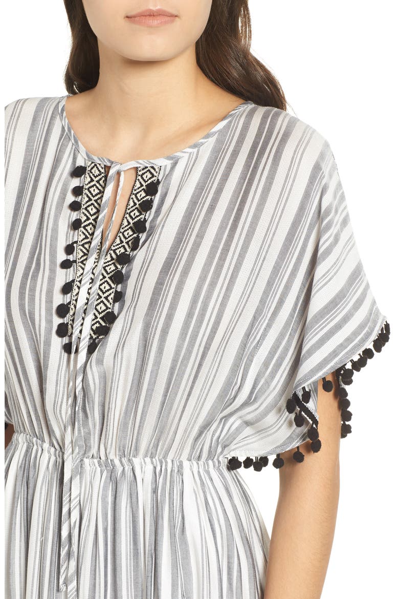 Stripe Pompom Trim Caftan, Alternate, color, IVORY BLACK