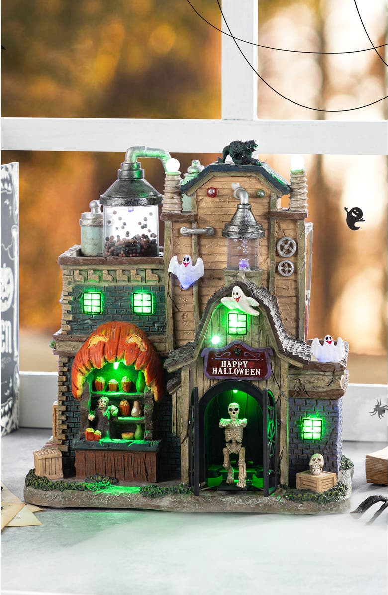 Glitzhome 11"H Lighted Resin Halloween Haunted House Village, Alternate, color, Black