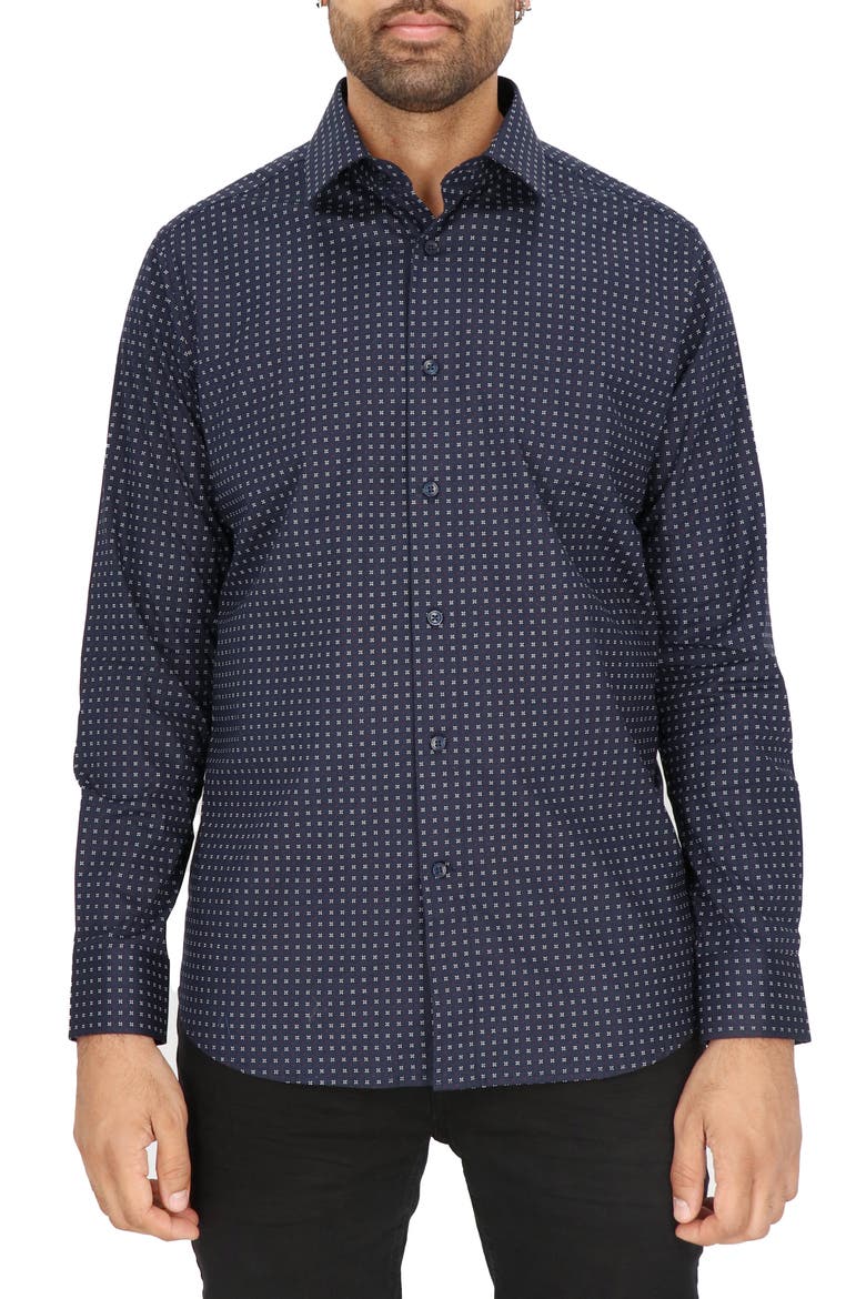 Dot Print Modern Fit Dress Shirt, Main, color, NAVY