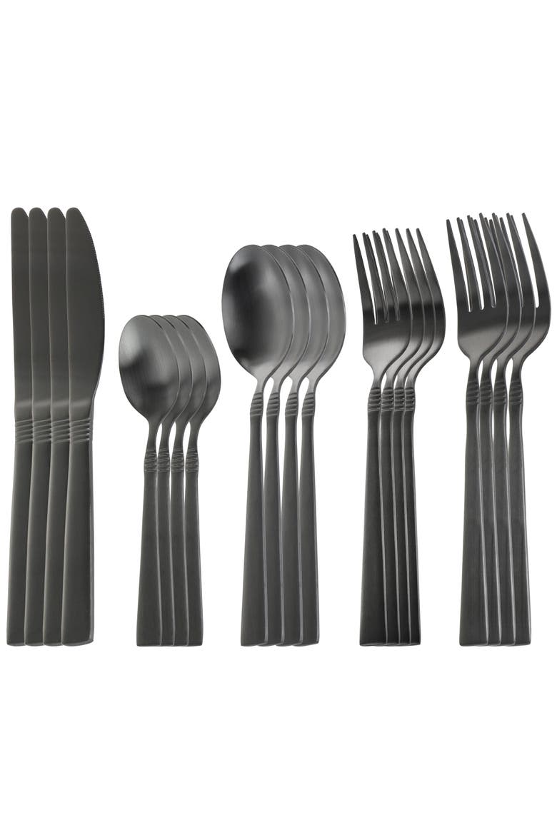 Cravat 20 Piece Flatware Utensil Set, Stainless Steel Silverware Metal Service for 4, Alternate, color, Matte Black