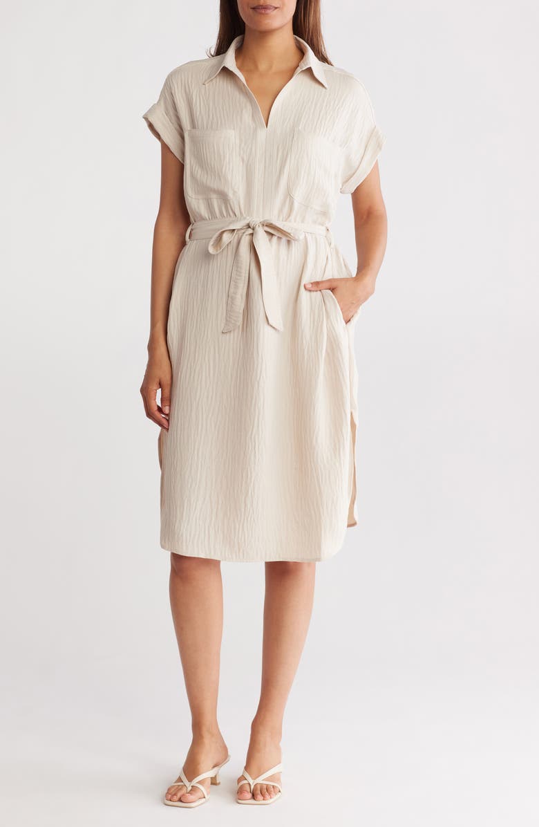 MAX STUDIO Textured Short Sleeve Midi Shirtdress, Main, color, Heather Oatmeal