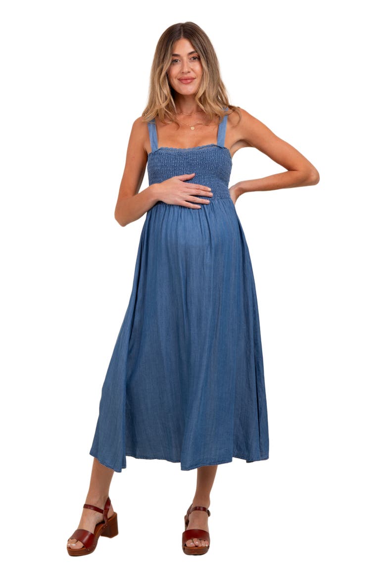 Smocked Chambray Tie Back Cutout Midi Dress, Main, color, Blue