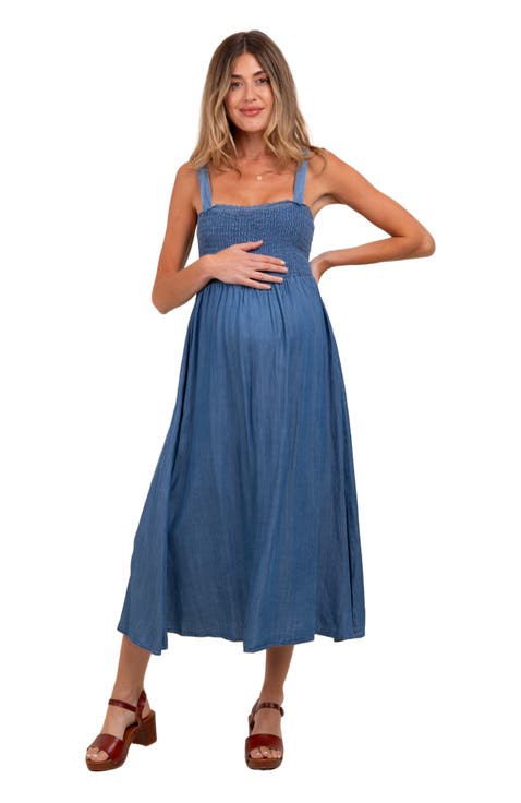 Smocked Chambray Tie Back Cutout Midi Dress