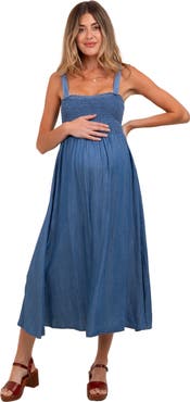 PinkBlush Smocked Chambray Tie Back Cutout Midi Dress