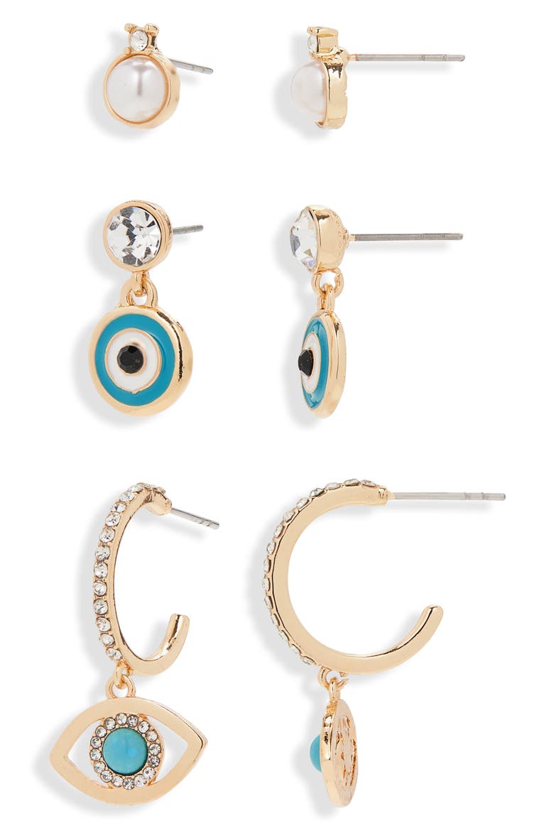 Protected Energy Set of 3 Stud & Evil Eye Drop Earrings, Alternate, color, TURQUOISE