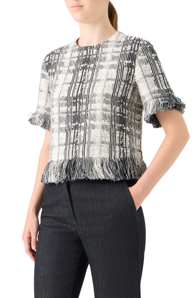 Akris punto Fringe Plaid Tweed Top, Alternate, color, Black-Ivory