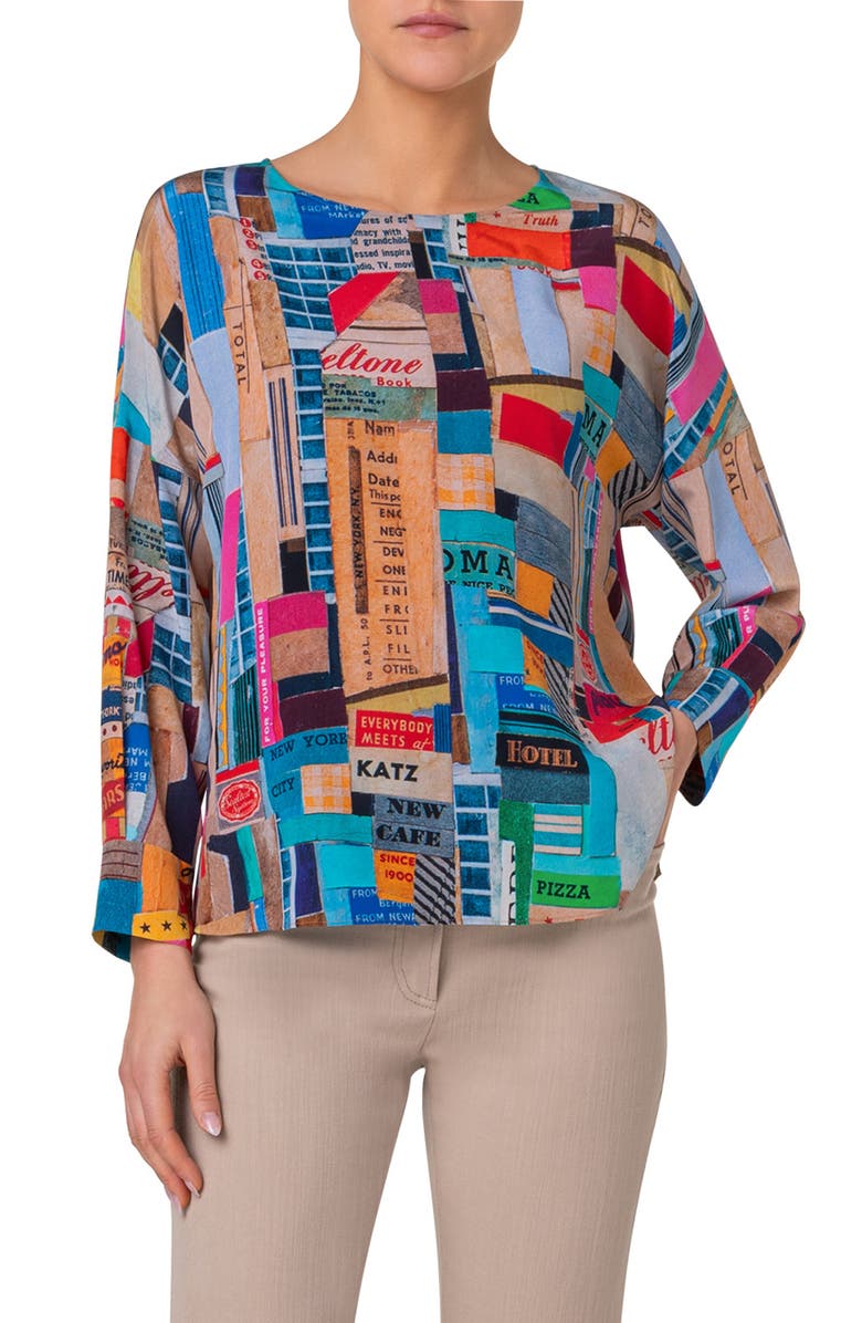 Akris punto NYC Paper Collage Print Silk Crêpe de Chine Top, Main, color, Blue Multicolor