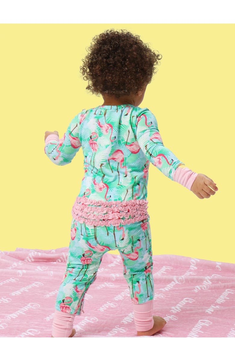 RuffleButts Baby Girls SoftSnooze Convertible Ruffle One Piece Pajama, Alternate, color, Green Vibrant Flamingo