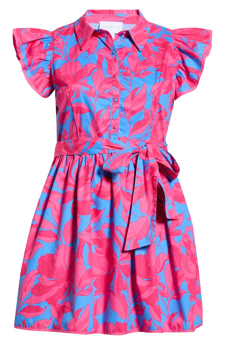 SUGARLIPS Maia Ruffle Tie Belt Cotton Dress, Alternate, color, Pink-Blue