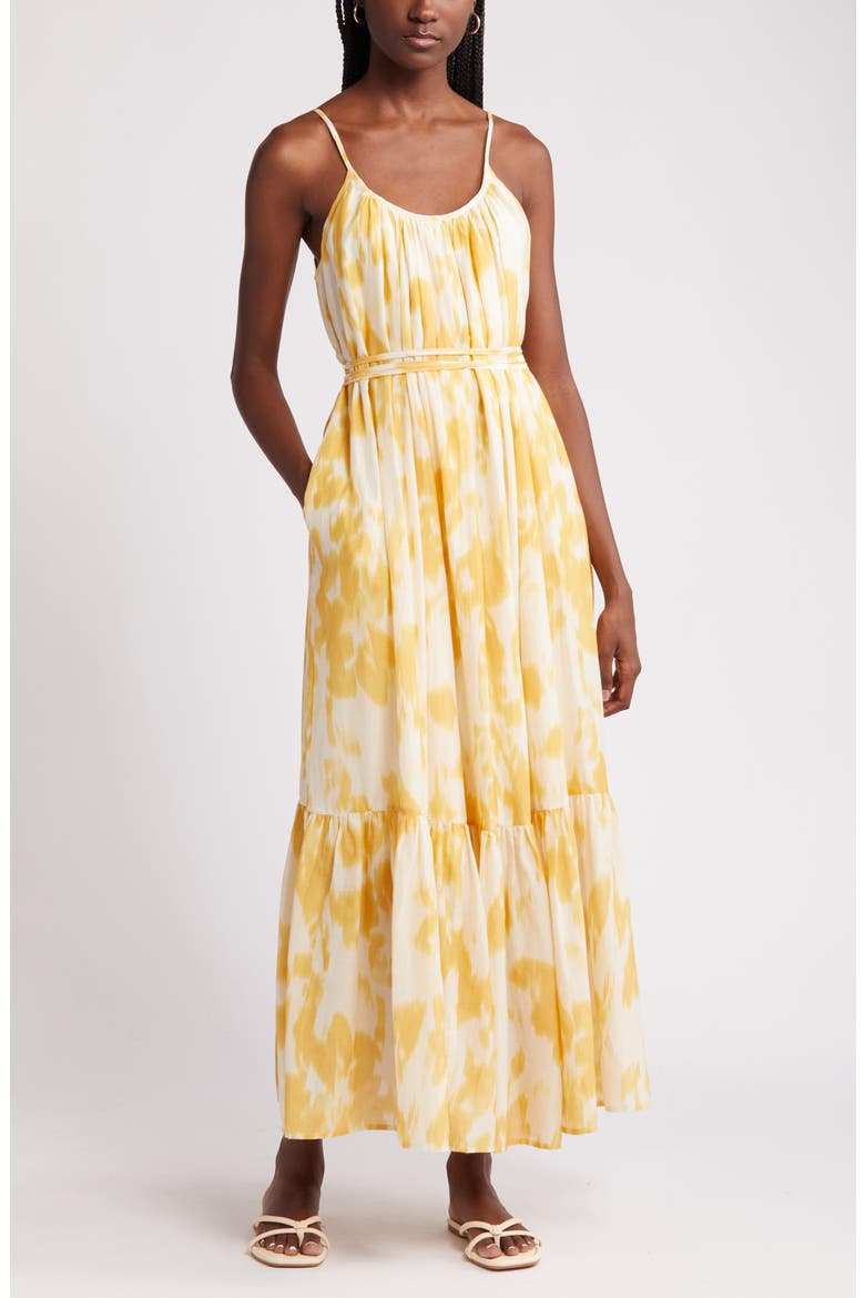 Cotton & Silk Tie Waist Tiered Sundress, Main, color, IVORY DOVE- YELLOW LOTUS BLUR