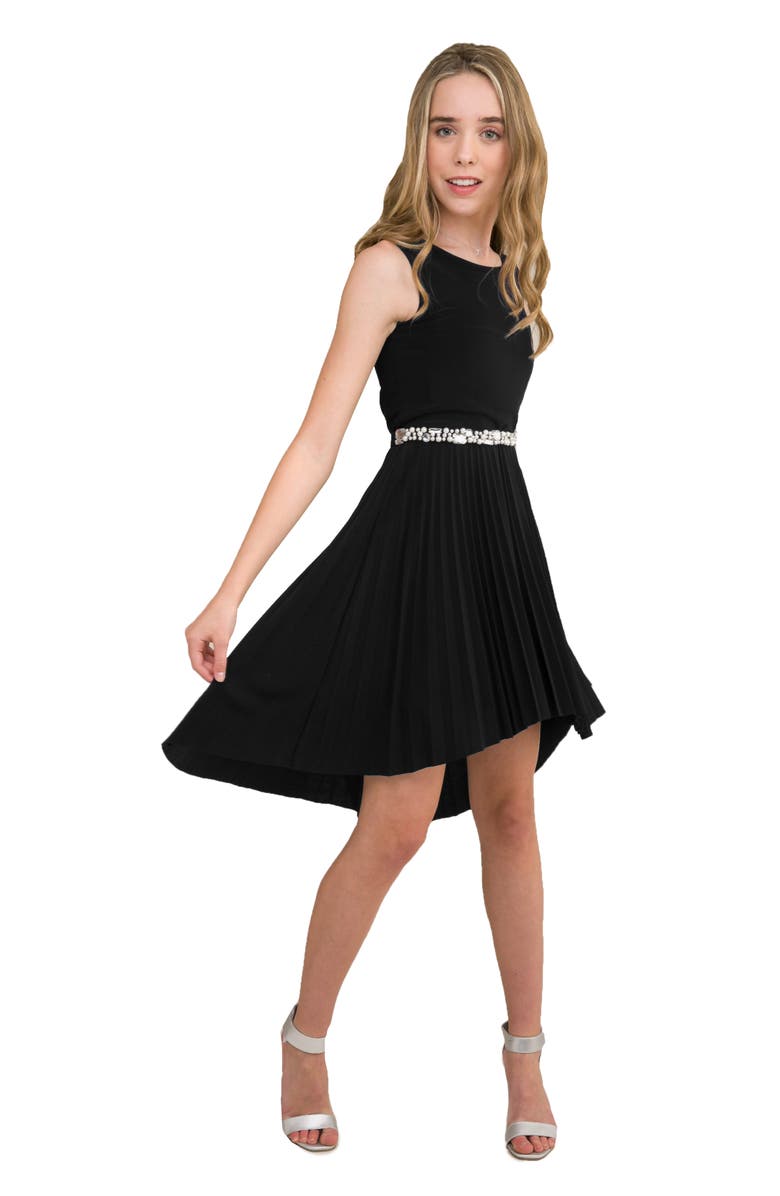 Un Deux Trois Pleated High Low Dress with Belt, Main, color, Black