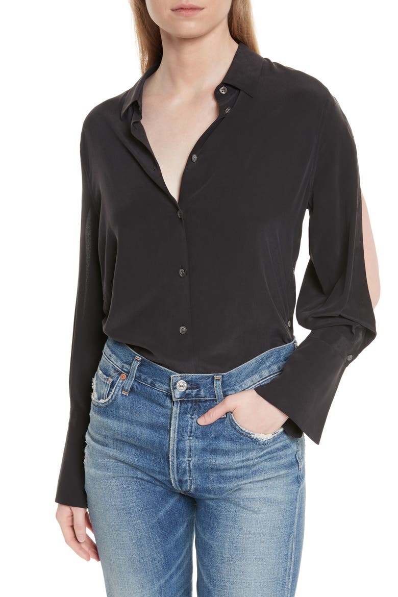 Rossi Button Detail Silk Shirt, Main, color, BLACK
