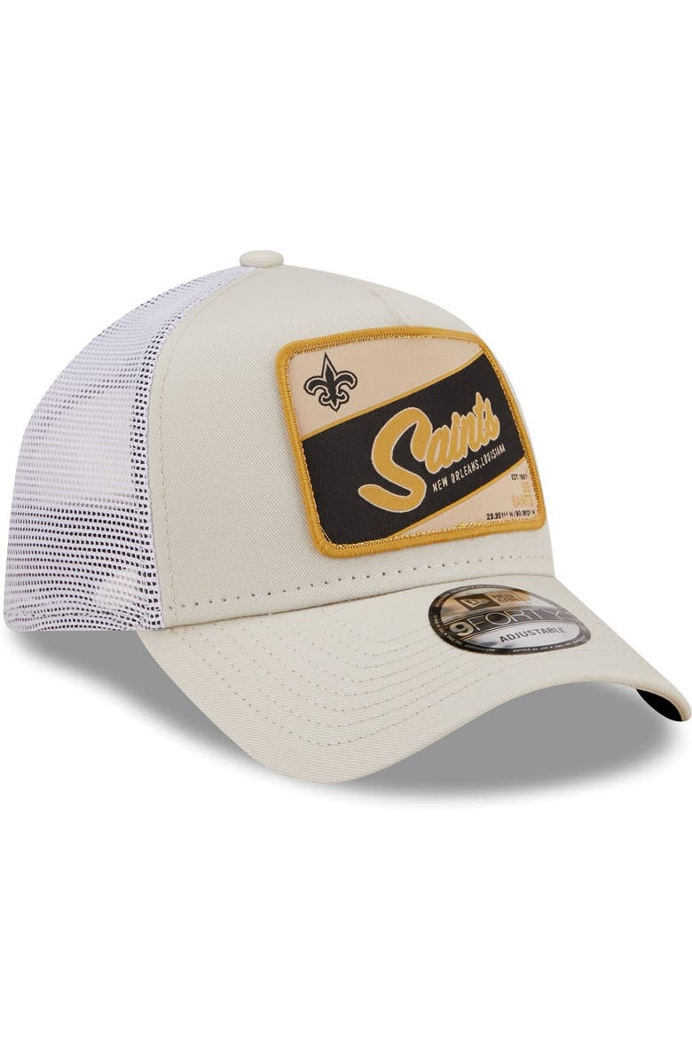 New Era Men's New Era Khaki/White New Orleans Saints Happy Camper A-Frame Trucker 9FORTY Snapback Hat, Alternate, color, 